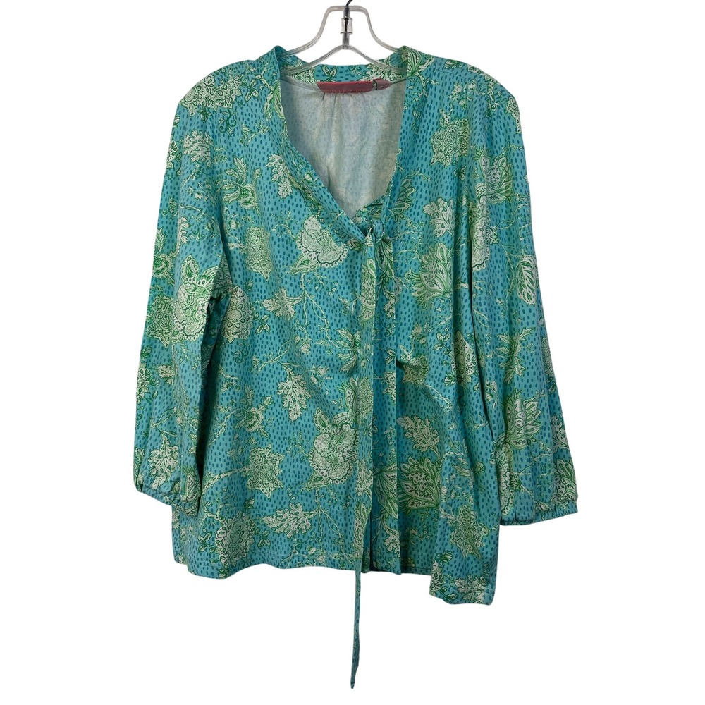 Lilly & Van Womens XL Turquoise Green Floral Tie Front Long Sleeve Blouse